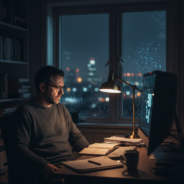 Ένας άνδρας 40 ετών σε ένα ήσυχο γραφείο στο σπίτι τη νύχτα, με μια αίσθηση μοναξιάς και υπαρξιακής αναζήτησης, ενώ κοιτάζει την οθόνη του υπολογιστή.