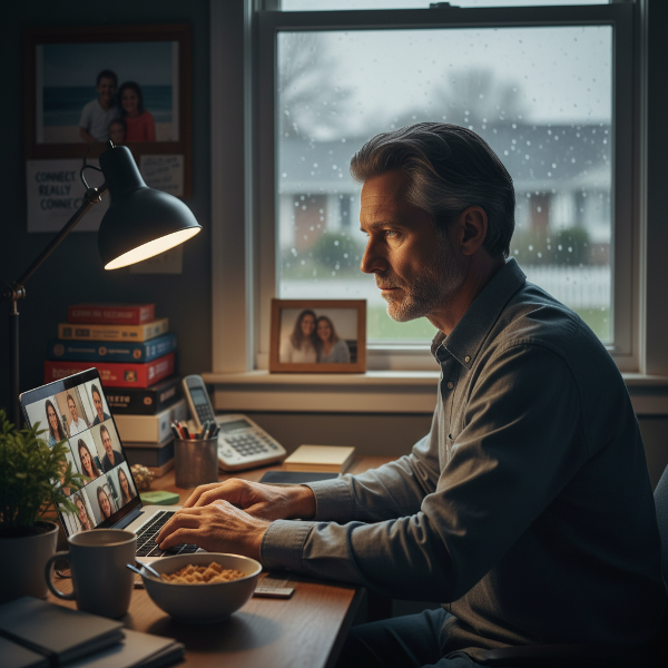 Ένας 56χρονος άνδρας νιώθει βαθιά μοναξιά ενώ δουλεύει από το σπίτι, αναζητώντας πραγματικές ανθρώπινες συνδέσεις παρά την παρουσία οικογένειας.