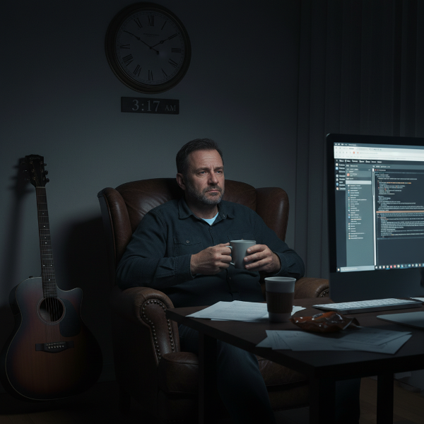 Ένας κουρασμένος άνδρας σε ένα δωμάτιο τη νύχτα, με μια κιθάρα να αγνοείται στη γωνία και μια οθόνη υπολογιστή να λάμπει, συμβολίζοντας εξάντληση, απώλεια ενδιαφέροντος για τη μουσική και διαταραχές ύπνου.