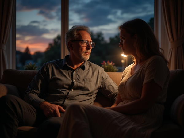 Ένας άντρας 52 ετών σε προβληματική σκέψη στο σαλόνι του, με τη σύζυγό του να είναι δίπλα του, συμβολίζοντας την ανάγκη για συζήτηση και επανασύνδεση εν μέσω της πρόκλησης του ανδρικού κλιμακτηρίου.