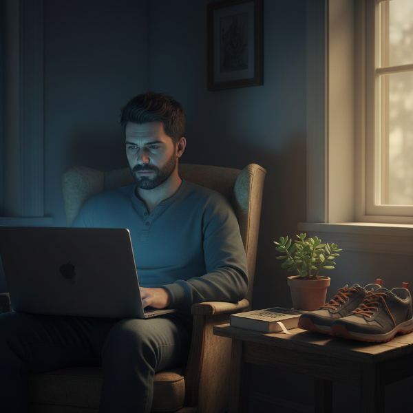 Ένας 30χρονος άνδρας, ο Νίκος, σε μια αδρανή σκηνή μπροστά στην οθόνη, με στοιχεία που υποδηλώνουν μικρά βήματα αυτοφροντίδας κατά της κατάθλιψης.