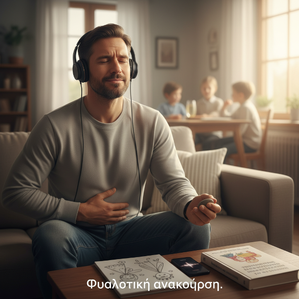 Ένας άντρας αντιμετωπίζει σωματικά συμπτώματα άγχους σε οικογενειακό περιβάλλον, αναζητώντας ηρεμία μέσω μουσικής και ψυχολογικών τεχνικών.