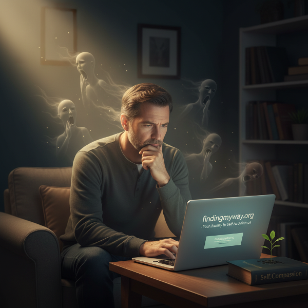 Ένας άνδρας αναλογίζεται την ανασυγκρότηση της αυτοεκτίμησής του, ενώ ένα φως συμβολίζει την αυτοπαρατήρηση και η ανάπτυξη μιας νέας βλαστού την αυτοσυμπόνια.