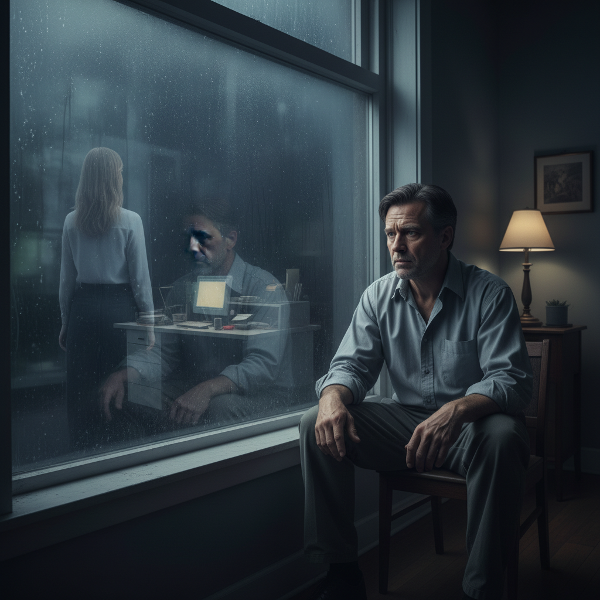 Ένας άνδρας μέσης ηλικίας κοιτάζει τον εαυτό του σε ένα παράθυρο, όπου η αντανάκλαση δείχνει αμυδρές σκιές συζύγου και γραφείου, συμβολίζοντας αβεβαιότητα και στασιμότητα.