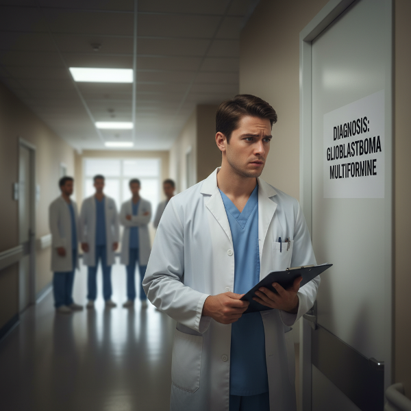 Ένας φοιτητής ιατρικής αντιμετωπίζει άγχος και αυτοαμφισβήτηση μπροστά σε μια δύσκολη διάγνωση, ενώ στο βάθος φαίνονται υποστηρικτικές φιγούρες και ένα φως ελπίδας.