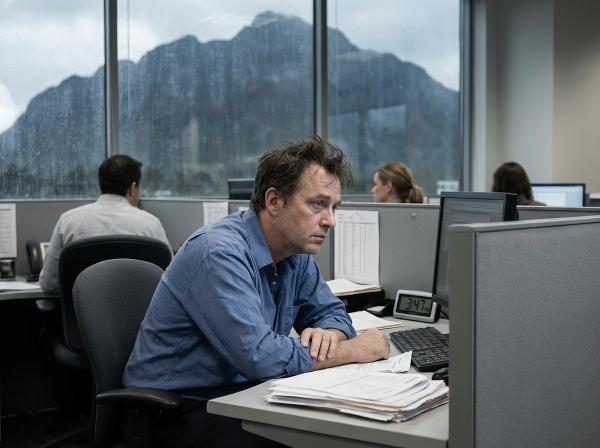 Ένας άντρας λογιστής 39 ετών νιώθει κενό και απάθεια στο γραφείο του, με ένα βουνό που συμβολίζει το βάρος της δουλειάς να είναι ορατό έξω από το παράθυρο, ενώ αποφεύγει τους συναδέλφους του.