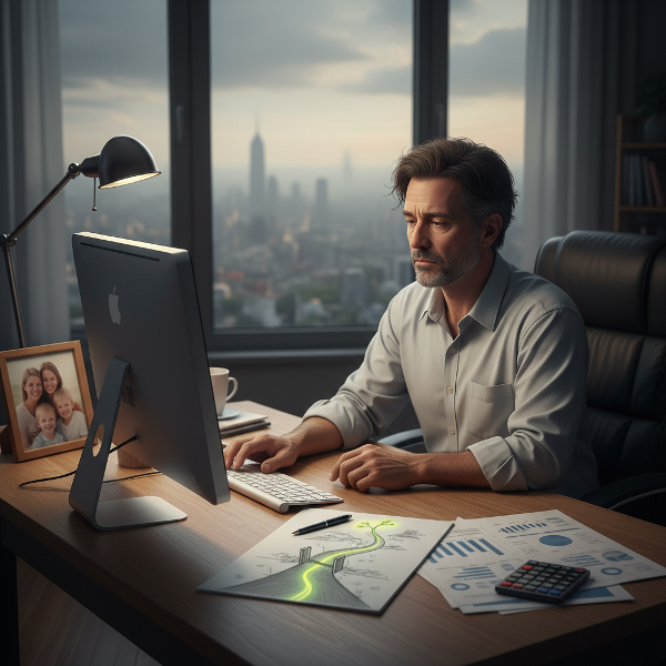 Ένας άντρας μεσαίας ηλικίας σε απομακρυσμένο γραφείο νιώθει αποκομμένος και μπλοκαρισμένος, ενώ ένα σημάδι ελπίδας και νέων αρχών αναδύεται.