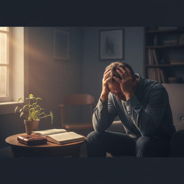 Ένας άντρας μέσης ηλικίας σε κατάσταση συναισθηματικής αναστάτωσης, αλλά με στοιχεία που υποδηλώνουν υπομονή και δυνατότητα ψυχολογικής προσαρμογής.