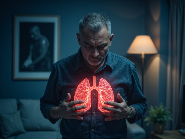 Μια εικόνα που απεικονίζει έναν άνδρα να νιώθει παγιδευμένος ανάμεσα στις υποχρεώσεις της δουλειάς και της οικογένειας, με συμβολικές αναπαραστάσεις άγχους και ψυχοσωματικών συμπτωμάτων.