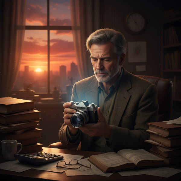 Ένας άνδρας μέσης ηλικίας σε ένα μελαγχολικό γραφείο κοιτάζει μια παλιά φωτογραφική μηχανή, συμβολίζοντας την αναζήτηση του χαμένου παθούς και ταυτότητας πέρα από τους ρόλους της ζωής του.