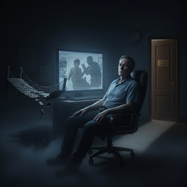 Ένας άντρας στη μέση της ζωής, απομονωμένος μπροστά σε μια οθόνη, με αντανακλάσεις από το παρελθόν και σύμβολα μιας καταρρεύσας επικοινωνίας, ενώ ένα μονοπάτι φωτός δείχνει προς μια θεραπευτική διέξοδο.