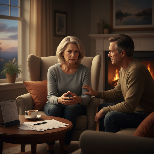 Μια γυναίκα μέσης ηλικίας σε μια ήσυχη στιγμή στο σπίτι, με τον σύζυγό της κοντά, απεικονίζοντας την ένταση και την προσπάθεια για συναισθηματική σύνδεση κατά τη μετάβαση στη συνταξιοδότηση.