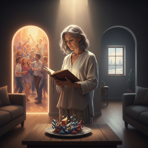 Μια γυναίκα μέσης ηλικίας σε μια στιγμή εσωτερικής αναζήτησης και σύγκρουσης, ανάμεσα σε κοινωνικό παρελθόν και ενδοσκόπηση, με συμβολικές αναπαραστάσεις της σχέσης με το φαγητό.