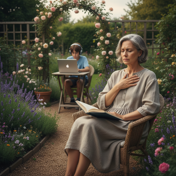 Μια μεσήλικη γυναίκα προσπαθεί να διαχειριστεί το άγχος της και τις ανησυχίες για το παιδί της σε έναν ήρεμο χώρο.