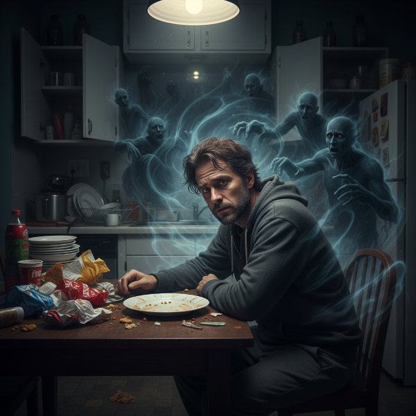 Ένας άντρας νιώθει μοναξιά και άγχος τη νύχτα σε μια κουζίνα, με τρόφιμα μπροστά του, ενώ ένας φαύλος κύκλος άγχους και πανικού τον περιβάλλει.
