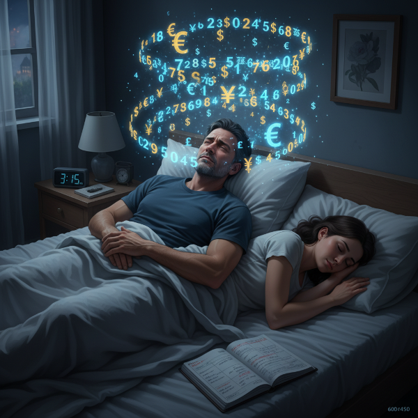 Μια εικόνα που απεικονίζει την εμμονή με παρελθοντικές οικονομικές αποφάσεις κατά τη διάρκεια της νύχτας.