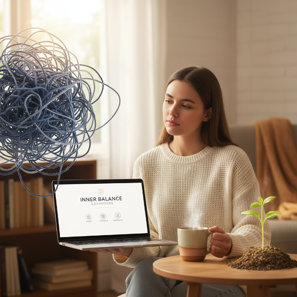 Μια νεαρή γυναίκα που αντιπροσωπεύει την Ελένη, με έναν υπολογιστή που δείχνει τον ιστότοπο ψυχολογικής συμβουλευτής της, περικυκλωμένη από συμβολικές εικόνες άγχους και θεραπείας.