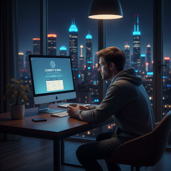 Ένας άνδρας νιώθει κενότητα μπροστά στην οθόνη του, ενώ βοηθάει άλλους διαδικτυακά, με την πόλη να λάμπει έξω από το παράθυρο.