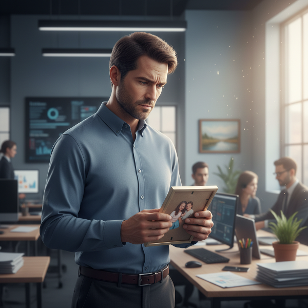 Ένας 43χρονος άνδρας σε γραφείο, που κοιτάζει μια οικογενειακή φωτογραφία, ενώ πίσω του υπάρχει μια θολή και απαιτητική εργασιακή ατμόσφαιρα, συμβολίζοντας την αναζήτηση ισορροπίας.