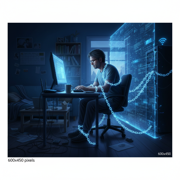 Ένας άντρας προγραμματιστής παγιδευμένος στο σπίτι του, με την οθόνη του υπολογιστή να κυριαρχεί. Αόρατες ψηφιακές αλυσίδες και θολό όριο μεταξύ γραφείου και σαλονιού συμβολίζουν την εξαφάνιση της ισορροπίας μεταξύ εργασίας και προσωπικής ζωής.