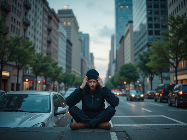 Μια νεαρή γυναίκα που εργάζεται από το σπίτι, κοιτάζει από το παράθυρο μιας πολυκατοικίας σε μια μεγάλη πόλη, με έκφραση μοναξιάς και μυϊκή ένταση στον αυχένα, ενώ η οθόνη του υπολογιστή της φαίνεται στο βάθος.