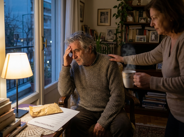Ένας άνδρας σε ηλικία συνταξιοδότησης στο σπίτι του, με πονοκέφαλο και αίσθημα απομόνωσης, ενώ η σύζυγός του προσφέρει υποστήριξη.