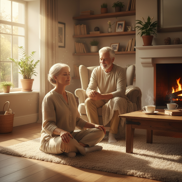 Μια γαλήνια γυναίκα 60 ετών κάνει διαλογισμό αναπνοής σε ένα ζεστό σαλόνι με τον σύντροφό της, που συμβολίζει τη διαχείριση άγχους και τη διατήρηση της ζεστασιάς στη σχέση.