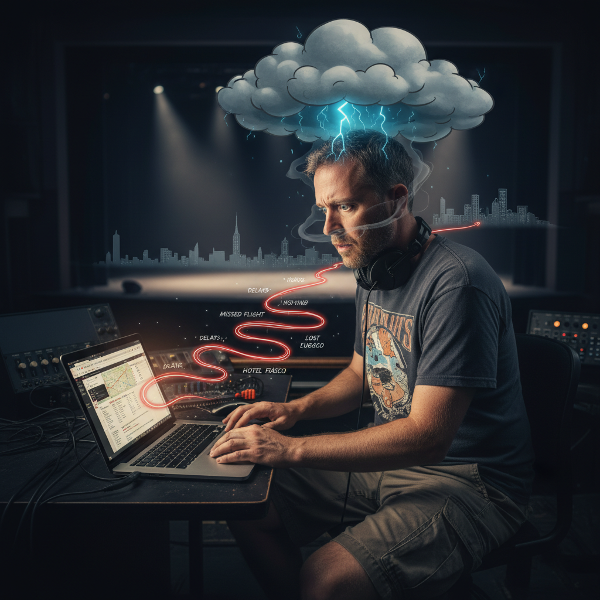 Ένας άνδρας ηχολήπτης σε θέατρο αντιμετωπίζει άγχος πριν από ταξίδια, με συμβολικές εικόνες που δείχνουν εσωτερική αναστάτωση και αβεβαιότητα.