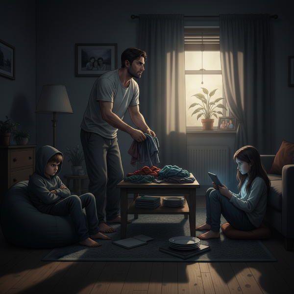 Ένας κουρασμένος πατέρας στο σαλόνι, αντιμετωπίζοντας την οικογενειακή ένταση και την αποσύνδεση, με μια αχτίδα ελπίδας.