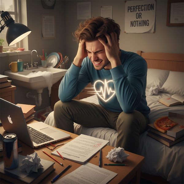 Ένας νεαρός φοιτητής αντιμετωπίζει εσωτερική σύγκρουση λόγω ευερεθιστότητας και τελειομανίας, σε ένα ακατάστατο δωμάτιο με σύμβολα άγχους.