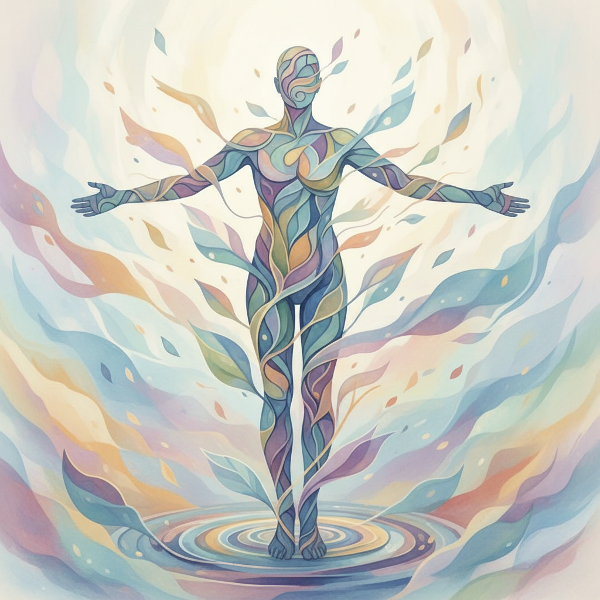 Αφηρημένη απεικόνιση ανθρώπινης φιγούρας από ρέουσες γραμμές και σχήματα, που συμβολίζει τη συναισθηματική ευελιξία και προσαρμοστικότητα μέσα σε ένα χρωματικό περιβάλλον συναισθημάτων.