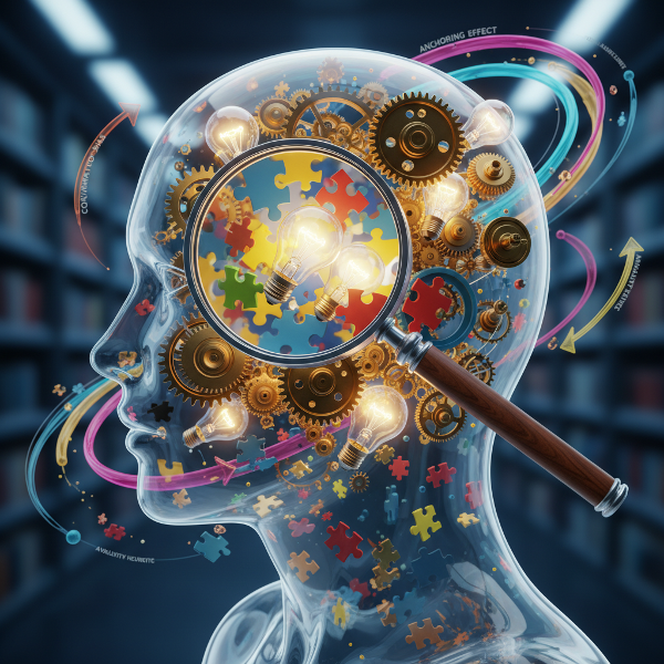 Μια αφηρημένη απεικόνιση ενός ανθρώπινου μυαλού με γρανάζια, λάμπες και κομμάτια παζλ που συμβολίζουν διαφορετικούς τρόπους σκέψης, αναλύοντας πληροφορίες και γνωστικές προκαταλήψεις.
