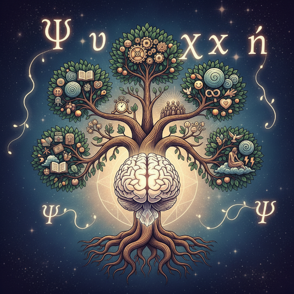 Μια συμβολική απεικόνιση ενός ανθρώπινου εγκεφάλου-κρυστάλλου με ρίζες που αναπτύσσονται σε ένα δέντρο προσωπικότητας, ενσωματώνοντας την αναλυτική ψυχολογία και τη Μεγάλη Πεντάδα.