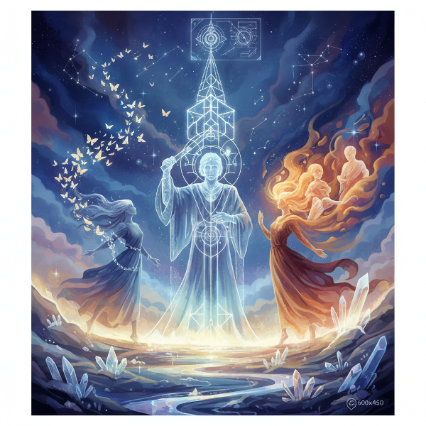 Μια μυστικιστική, αφηρημένη απεικόνιση τριών αρχετύπων: ενός Αρχιτέκτονα, ενός Φωτιστή και ενός Ελεύθερου Πνεύματος, σε ένα συμβολικό, ονειρικό τοπίο.