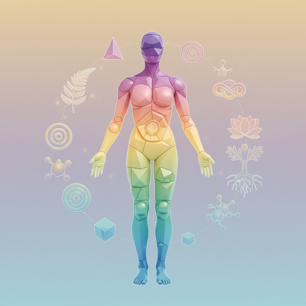 Μια εικόνα που απεικονίζει μια αρμονική ανθρώπινη φιγούρα από διασυνδεδεμένα γεωμετρικά σχήματα, συμβολίζοντας τη συναισθηματική ισορροπία, την ανάπτυξη και την ανθεκτικότητα.