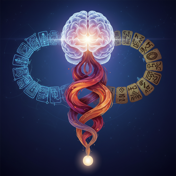 Μια συμβολική απεικόνιση του ανθρώπινου εγκεφάλου με τρεις διαφορετικές οδούς που αναδύονται: μια από λογικά κυκλώματα, μια από συναισθηματικά χρώματα και μια από βαθιά προγονικά μοτίβα.
