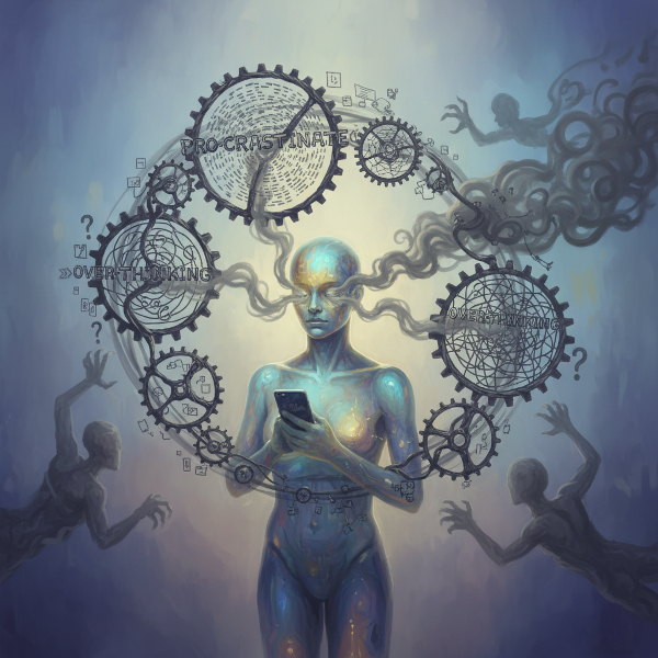 Μια σουρεαλιστική απεικόνιση όπου καθημερινές ρουτίνες, σαν μηχανισμοί ρολογιού, απορροφούν τη ζωτικότητα, μετατρέποντάς την σε αχνό καπνό.