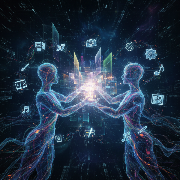 Μια ζωντανή ψηφιακή σύνθεση που απεικονίζει ανθρώπινες μορφές από ροές δεδομένων που συνδέονται και δημιουργούν, συμβολίζοντας την έκφραση και την καινοτομία μέσω της τεχνολογίας.