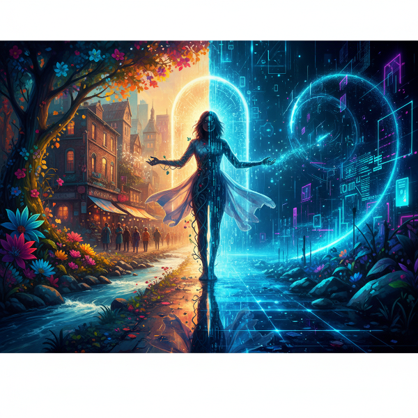 Μια εικόνα που συμβολίζει την επιλογή ανάμεσα στον πραγματικό και τον ψηφιακό κόσμο, με ένα άτομο του οποίου η σιλουέτα ενώνεται αρμονικά με στοιχεία φύσης και ροές δεδομένων.