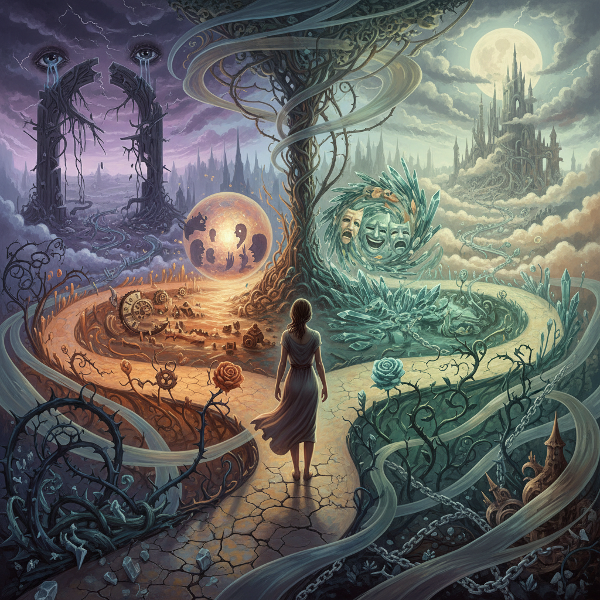 Ένας άνθρωπος σε ένα σταυροδρόμι με ονειρικά και συναισθηματικά φορτισμένα μονοπάτια, που συμβολίζουν ασάφεια και την εσωτερική επεξεργασία απροσδόκητων καταστάσεων.