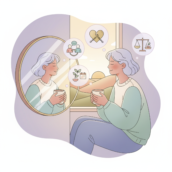 Μια σύγχρονη εικονογράφηση που απεικονίζει αυτογνωσία και συναισθηματική νοημοσύνη μέσω συμβόλων και αντανάκλασης.