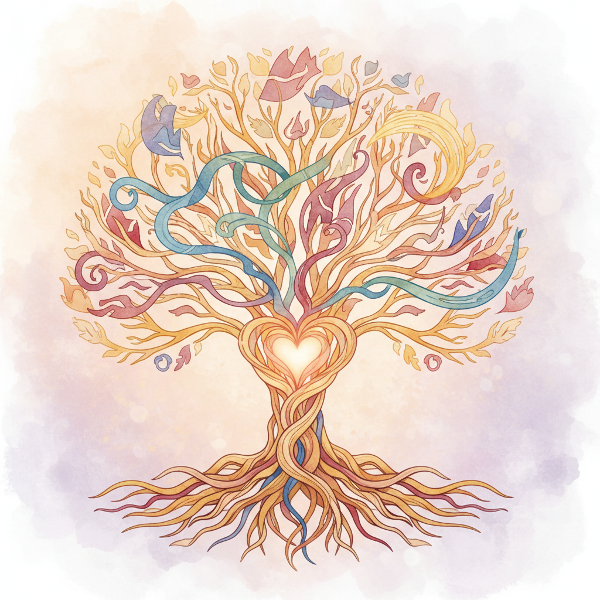 Μια συμβολική απεικόνιση ενός οικογενειακού δέντρου με διαπλεκόμενες ρίζες και κλαδιά, που δείχνει συναισθηματικές συνδέσεις και μοτίβα.