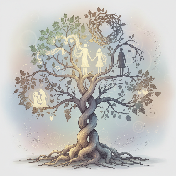 Μια συμβολική απεικόνιση ενός οικογενειακού δέντρου με πλεγμένες ρίζες και κλαδιά, που αντιπροσωπεύουν διαφορετικά μοτίβα συμπεριφοράς και ρόλους.