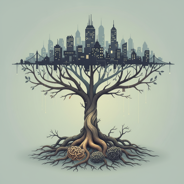 Ένα συμβολικό δέντρο οικογένειας με ριζωμένες επιρροές που εκτείνονται προς τη σύγχρονη ζωή, απεικονίζοντας τη σύνδεση μεταξύ οικογενειακών προτύπων και τρεχουσών σχέσεων.