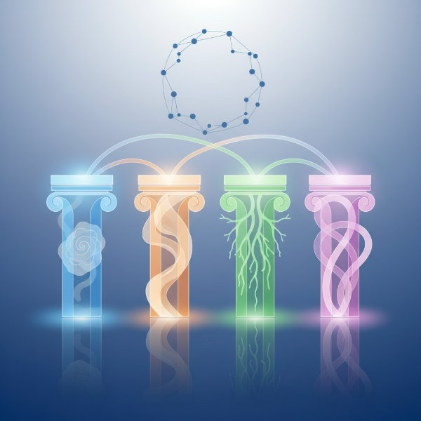 Μια σύγχρονη αφηρημένη απεικόνιση των τεσσάρων αλληλένδετων πυλώνων της συναισθηματικής νοημοσύνης, που συμβολίζουν ισορροπία και συνειδητότητα.