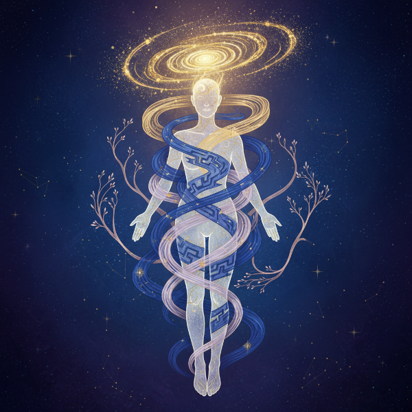 Αφηρημένη, μυστικιστική εικόνα με αόρατες δυνάμεις που ρέουν γύρω από ένα άτομο, συμβολίζοντας τις κρυφές ορμές και ανάγκες που καθοδηγούν τη ζωή.