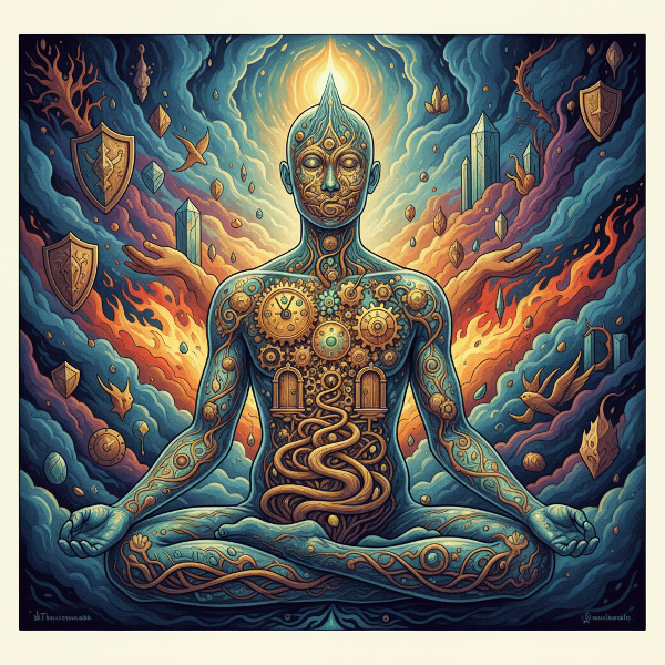 Μια συμβολική απεικόνιση της ανθρώπινης ψυχής, που αποκαλύπτει εσωτερικούς μηχανισμούς, κρυμμένες δυνατότητες και το μονοπάτι της προσωπικής εξέλιξης.