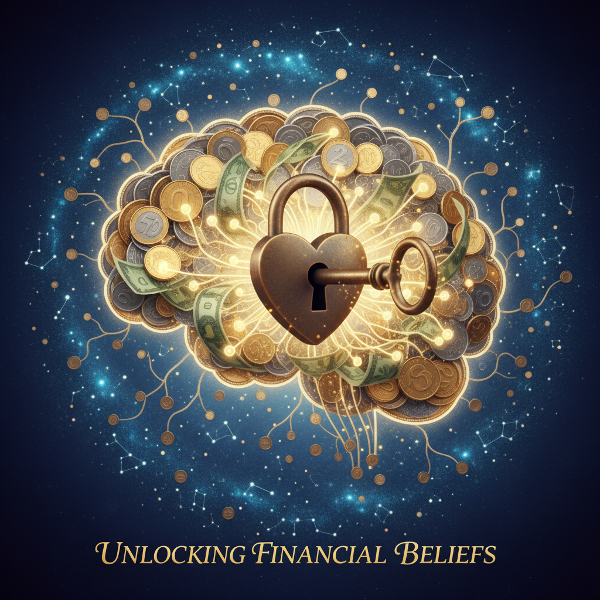 Ένα σύμβολο του ανθρώπινου εγκεφάλου με νευρωνικές οδούς από λαμπερά νομίσματα και χαρτονομίσματα, με ένα κλειδί που περιστρέφεται σε μια κλειδαριά σε σχήμα καρδιάς.