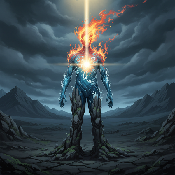 Μια συμβολική εικόνα που απεικονίζει μια ανθρώπινη φιγούρα σχηματισμένη από βράχο, νερό και φωτιά, να στέκεται ανθεκτική σε ένα σκοτεινό τοπίο με μια αχτίδα φωτός.
