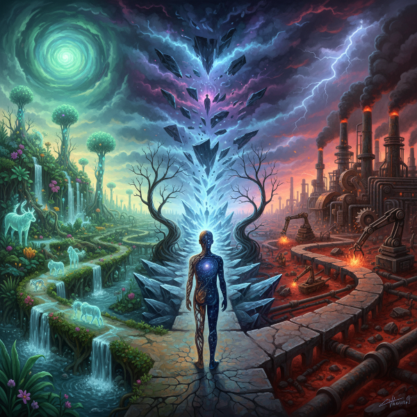 Μια συμβολική εικόνα ενός ατόμου σε σταυροδρόμι μεταξύ τριών διαφορετικών τοπίων που αντιπροσωπεύουν τρόπους σκέψης για τη σχέση με τη φύση.